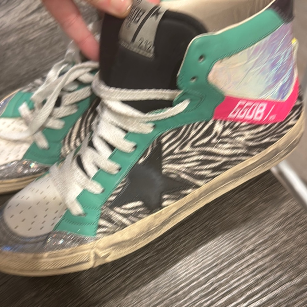 Golden Goose Multicolor Zebra-Print High-Top Sneakers with Teal and Pink Accents